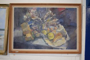 K E Cuthbert, still life study of fruit and object, oil on canvas