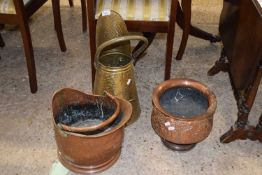 Mixed Lot: Copper coal bucket, brass coal bucket and a copper jardiniere (3)