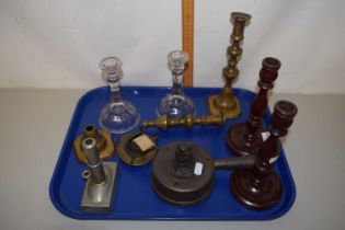 A tray of various assorted candlesticks and other items