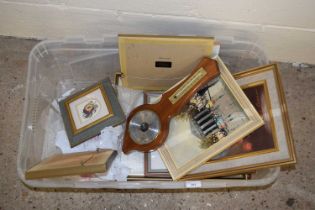 Box of various assorted mixed pictures to include oil on canvas studies plus a small barometer