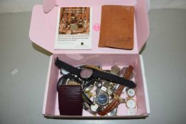 A box of various assorted wristwatches, cigarette silks etc