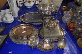 Mixed Lot: Various silver plated wares to include presentation rose bowl, various serving trays,