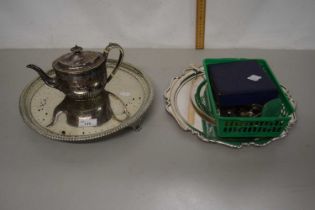 Mixed Lot: Assorted cutlery, teapot, silver plated trays etc