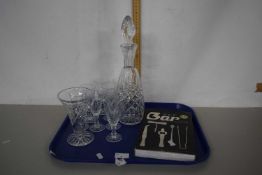 Mixed Lot: Decanter, clear drinking glasses, glass vase, boxed bar set etc