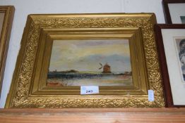 Naive oil on board study of a rural scene with windmill, unsigned, gilt framed