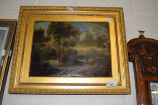 19th Century school study of figures on a country road, oil on canvas, gilt framed