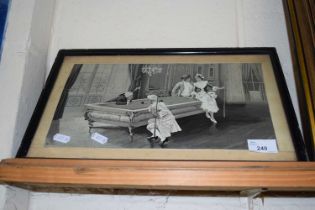 Monochrome print of an interior scene with billiards players