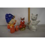 A Royal Stratford model of a fox together with a Noddy biscuit barrel and a cat shaped teapot
