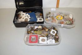 Vintage metal cash tin and two plastic tubs containing an assortment of various circulated world
