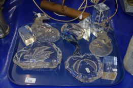 A tray of various glass dolphin ornaments, plaques etc and others
