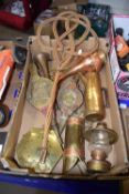 Mixed Lot: Various brass and copper wares, vintage carpet beater etc