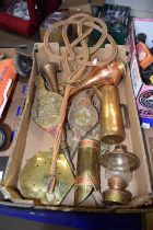 Mixed Lot: Various brass and copper wares, vintage carpet beater etc