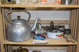 A vintage aluminium kettle and other assorted kitchen wares