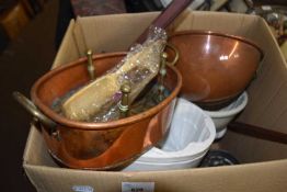 Box of various items to include a vintage jelly mould, copper pans etc