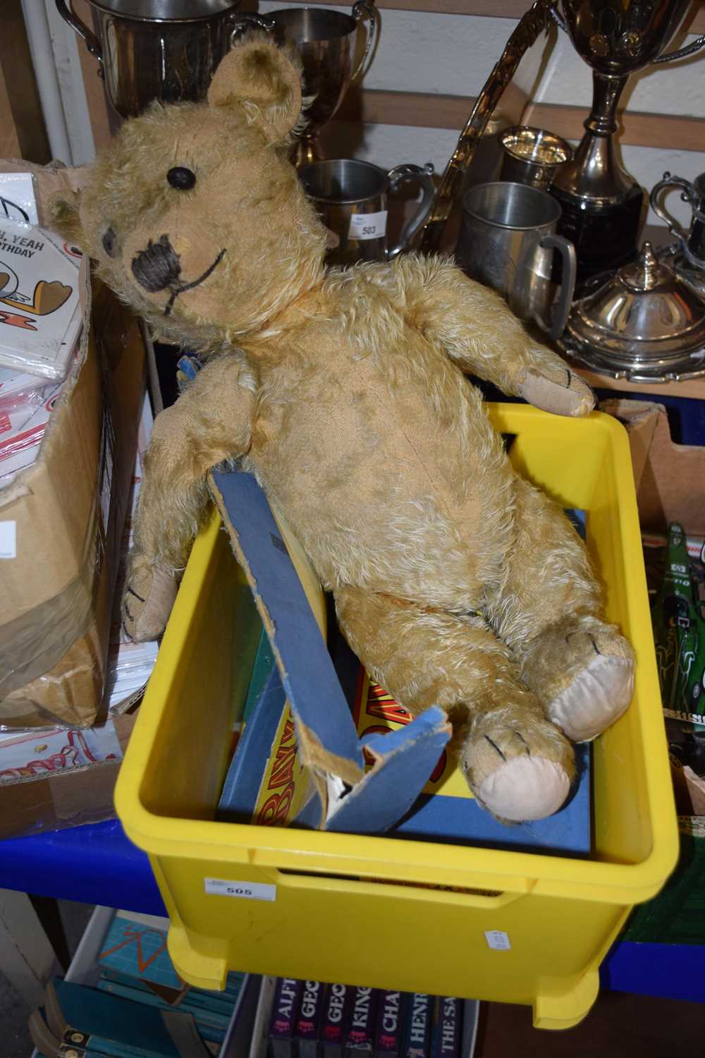 A vintage mohair covered teddy bear, very worn condition together with a quantity of Bayko