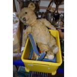 A vintage mohair covered teddy bear, very worn condition together with a quantity of Bayko