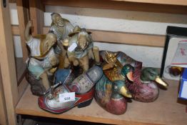Mixed Lot: Modern Chinese figures, wooden ducks, clogs etc