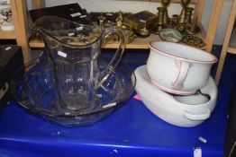 A glass wash bowl and jug together with further chamber pot etc