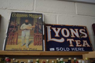 A small enamel sign marked Lyons Tea and a reproduction Colmans Mustard sign (2)