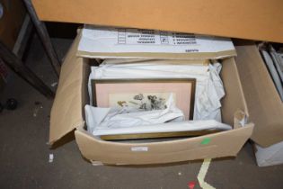 Two boxes of framed book plates, butterflies