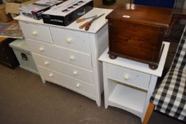 A modern white five drawer bedroom chest together with matching bedside cabinet (2)