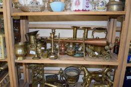 Mixed Lot: Various brass candlesticks, other brass ornaments, teapot, copper post horn etc
