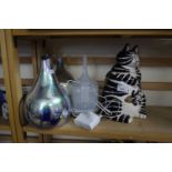 Mixed Lot: Art Glass vases, essential oil defuser and a cat shaped biscuit barrel