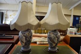 A pair of large modern Oriental table lamps with shades