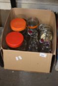 One box of various sweet jars, Kilner jars, bottles etc