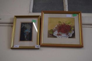 Mixed Lot: Needlework picture of a cockerel together with a small study of redcurrants (2)