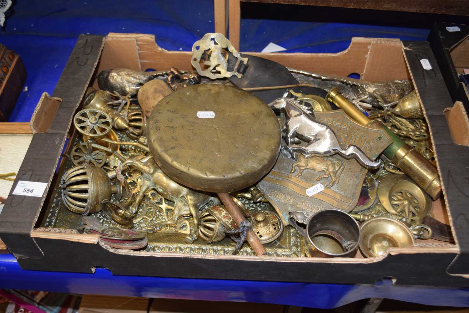 A large box of various brass wares and other items