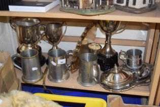 Mixed Lot: Various assorted silver plated wares, pewter tankards etc to include many presentation