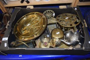 Mixed Lot: Various brass and other wares to include model horse and cart, trivet, vintage doll etc