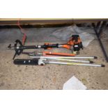 A petrol powered multitool including hedge cutter, extension pole, pruner etc