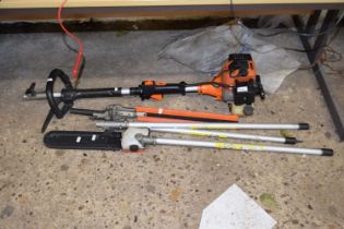 A petrol powered multitool including hedge cutter, extension pole, pruner etc