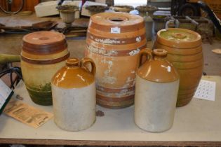 Two stone ware pots together with three stone ware barrels