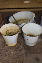 Two enamel tubs together with two enamel buckets