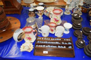 Mixed group of ceramics including a pair of Crown Derby style Imari vases (one a/f) and small wooden