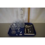 Mixed Lot: Decanter, clear drinking glasses, glass vase, boxed bar set etc