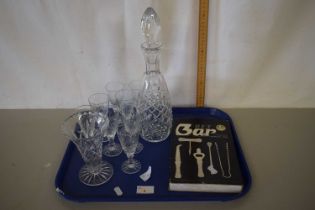 Mixed Lot: Decanter, clear drinking glasses, glass vase, boxed bar set etc