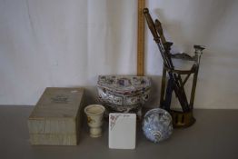 A group of pottery including a Rouen Faience small box with armorial and further items