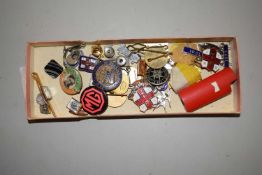 Small box containing quantity of badges, some enamel