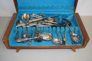 Wooden box containing a quantity of plated cutlery