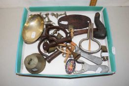 Tray containing a quantity of metal wares, bells, vintage pair of handcuffs etc