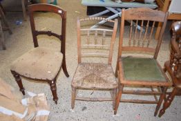 Three various 19th Century chairs including a rush seat example with turned decoration