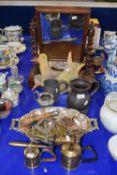 A large pewter tankard, white metal small jug, plated dish etc and two small blow lamps