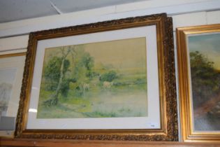 A print of a pastoral scene in gilt frame together with a further matching print