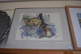 A watercolour of a cat signed JHG