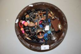 Large leather tray containing a quantity of costume jewellery, wristwatches etc