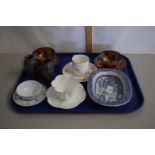 Tray containing a mixed lot of ceramics including two Japanese porcelain cups and saucers, further